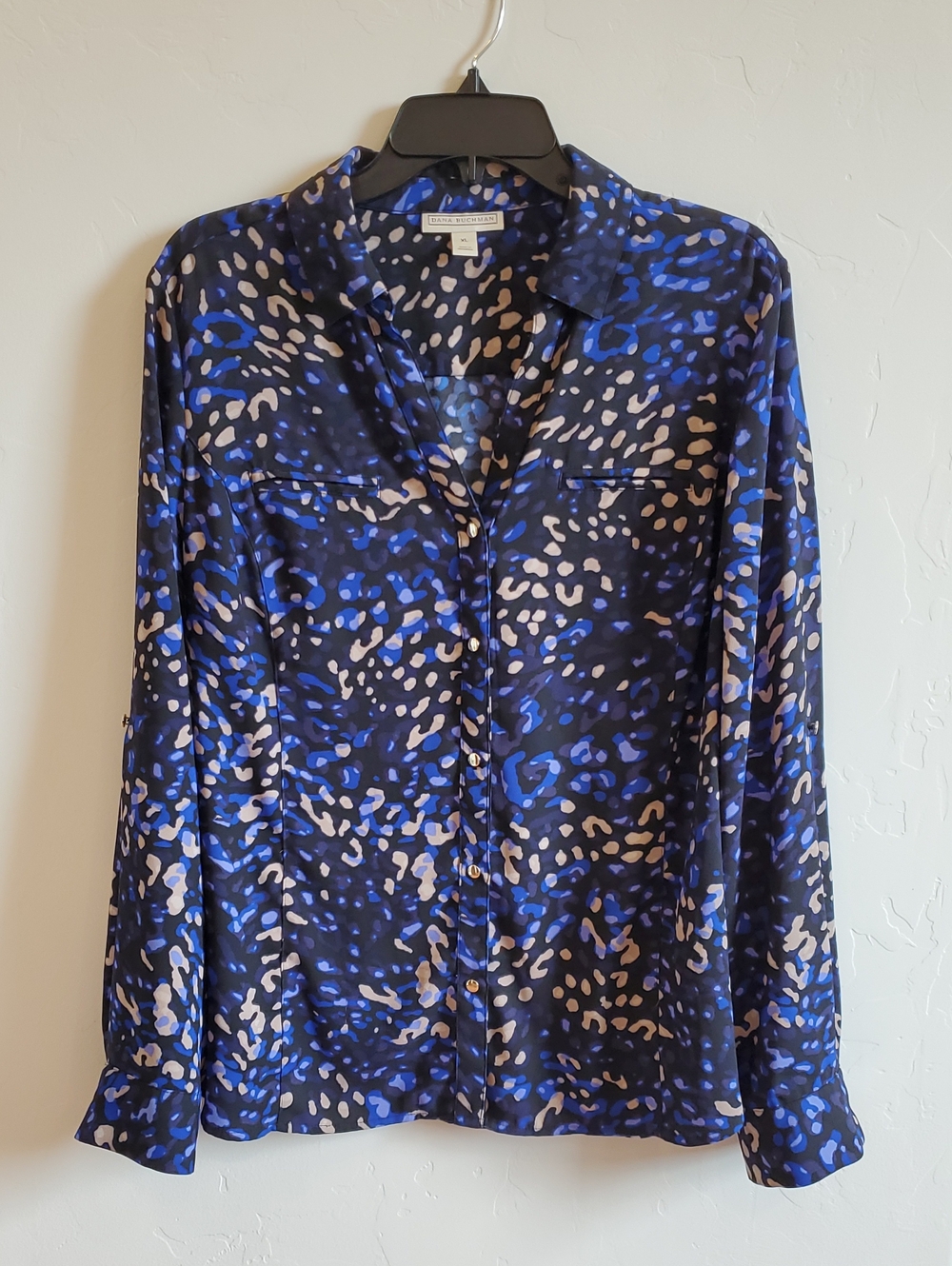 Dana Buchman Navy Blue and Cream Printed Button-Up Blouse